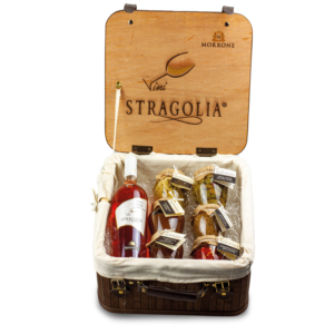 Valigetta vintage con Stragolia Rosato IGP e sei prodotti Azienda Agricola Morrone Davide