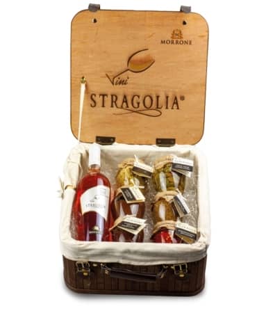Valigetta vintage con Stragolia Rosato IGP e sei prodotti Azienda Agricola Morrone Davide