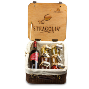 Valigetta vintage con Stragolia Rosso IGP e sei prodotti Azienda Agricola Morrone Davide
